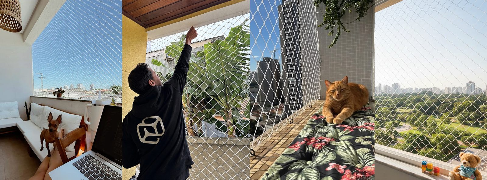 Instalações de rede de proteção RedeTela em varandas e janelas, com cachorro, gato e área infantil protegidos