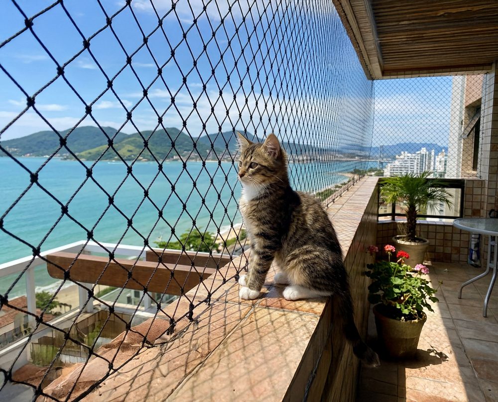 Gatinho protegido em varanda com rede de proteção RedeTela, com vista para o mar em Florianópolis